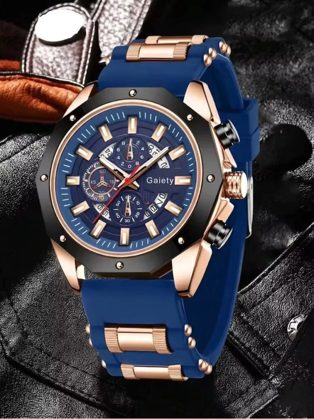 Men's Blue Silicone Strap Chronograph Watch Lightweight Navy & Rose Gold